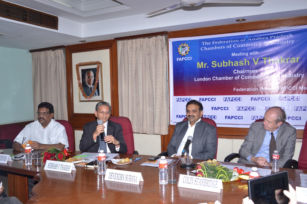 <p>With Mr. Srinivas Ayyadevara, Senior Vice President of FAPCCI, and Mr. Colin Stanbridge, CEO of London Chamber of Commerce and Mr.Devendra Surana President of FAPCCI.</p>